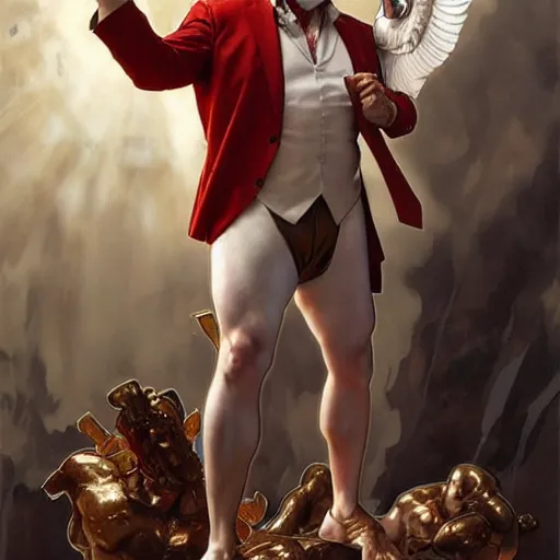 Image similar to a full body portrait of colonel sanders the greek god!! in hell!!! fighting rednecks!!! extremely beautiful, anatomically accurate, by artgerm and by greg rutkowski and by alphonse mucha and by simon bisley, radiant light, detailed and intricate environment,