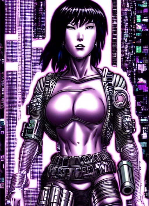 Image similar to motoko kusanagi in grungy cyberpunk megacity, intricate and finely detailed, cyberpunk vaporwave, portrait by j scott campbell