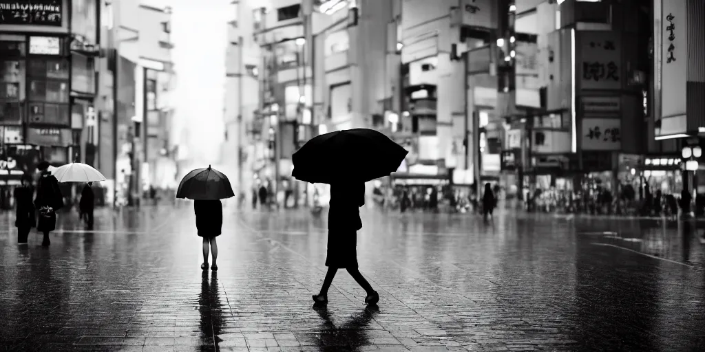 Image similar to A lonely woman with an umbrella waiting to cross Shibuyas crossing in Japan, back facing the camera, rainy afternoon, dramatic contrasting light