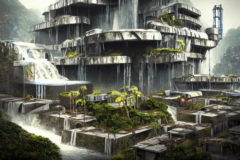 Prompt: favela bunker spaceship colony hive, brutalist waterfall environment, industrial factory, whimsical, award winning art, epic dreamlike fantasy landscape, ultra realistic,