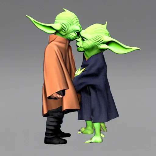 Image similar to 3 d render yoda kissing naruto uzumaki