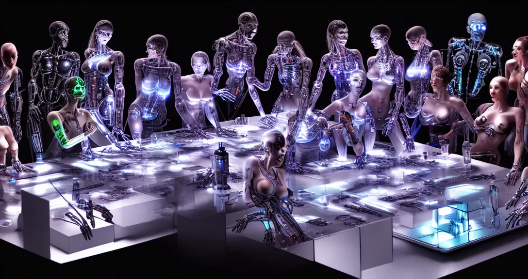 Image similar to beauty, 13 diverse cyborgs on one_side of a reflective !cybernetic table, posing_as_last_supper, inticrate detailed glowing implants, highly detailed, dramatic lighting, electrical details, high details, beautiful lighting