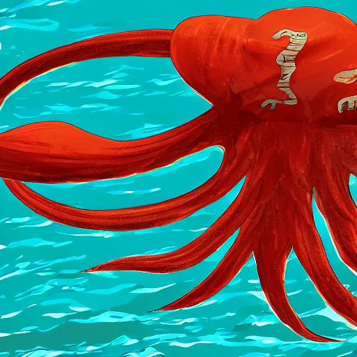 Image similar to A giant squid destroying a cruise ship in the middle of the ocean, digital art