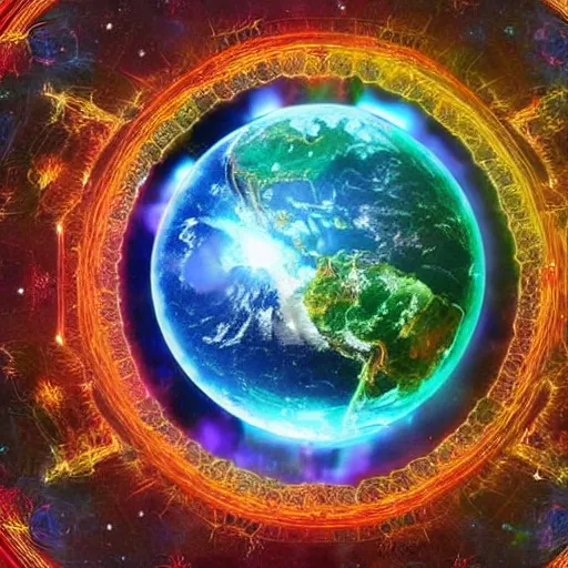 Image similar to an entire planet of humanity which has realized the grandness of this idea that everything in our universe runs through a sacred, divinity as energy that runs through all things and all things consist in one.