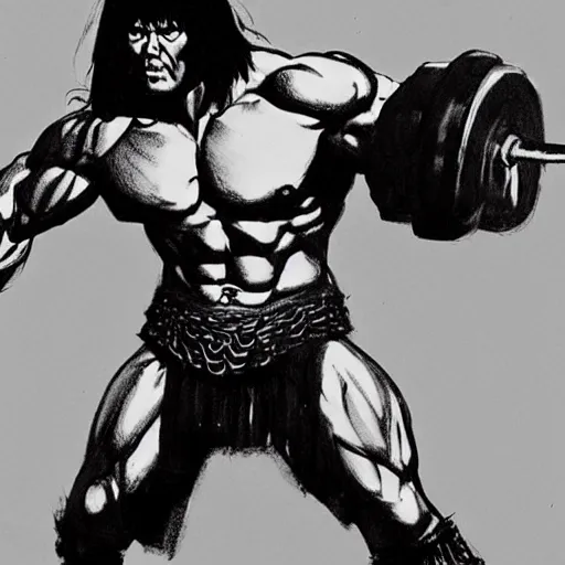Prompt: concept art conan the barbarian doing bicep curls with heavy weight
