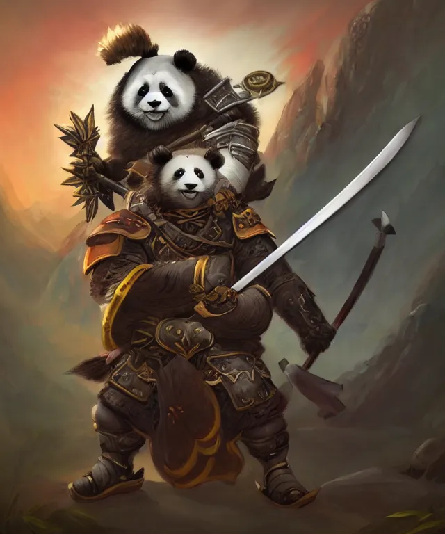 Image similar to a portrait an anthropomorphic panda samurai holding a katana, wearing armor with spiked shoulders, landscape in background, dnd character art portrait, world of warcraft style, by peter mohrbacher, cinematic lighting