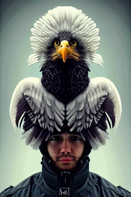 Prompt: epic professional digital art of a human - eagle hybrid animal wearing human air force jumpsuit, humanoid feathered head, eagle beak, corporate headshot photo, by lisa roet, sam leach, leesha hannigan, wayne haag, artstation, cgsocietywlop, epic, much wow, much detail