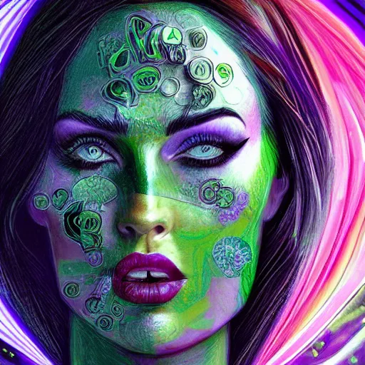 Image similar to an extremely psychedelic portrait of megan fox as the riddler, surreal, lsd, face, detailed, intricate, elegant, lithe, highly detailed, digital oth, sharp focus, illustration,