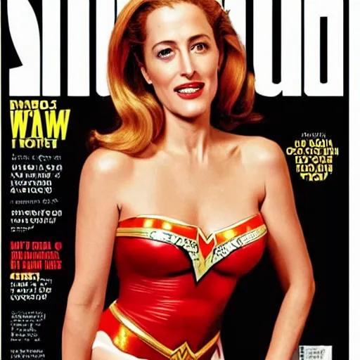 Image similar to photo of a gorgeous Gillian Anderson as wonder woman on the cover of swimsuit illustrated 1960 by Mario Testino, detailed, award winning, Sony a7R -