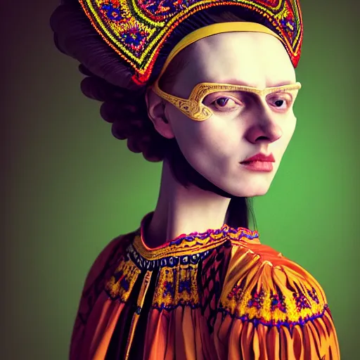 Image similar to Colour Caravaggio style Photography of Highly detailed beautiful Woman wearing detailed Ukrainian embroidery folk costume designed by Taras Shevchenko with 1000 years perfect face wearing highly detailed retrofuturistic VR headset designed by Josan Gonzalez. Many details In style of Josan Gonzalez and Mike Winkelmann and andgreg rutkowski and alphonse muchaand and Caspar David Friedrich and Stephen Hickman and James Gurney and Hiromasa Ogura. Rendered in Blender and Octane Render volumetric natural light