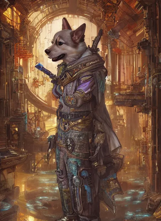 Prompt: beautiful fantasy painting of cyberpunk lofi corgi assassin king in his palace, by Stephen Hickman and James Gurney and Hiromasa Ogura.Trending on Artstation, 8k, masterpiece, graffiti paint, fine detail, full of color, intricate detail, Golden Ratio illustration