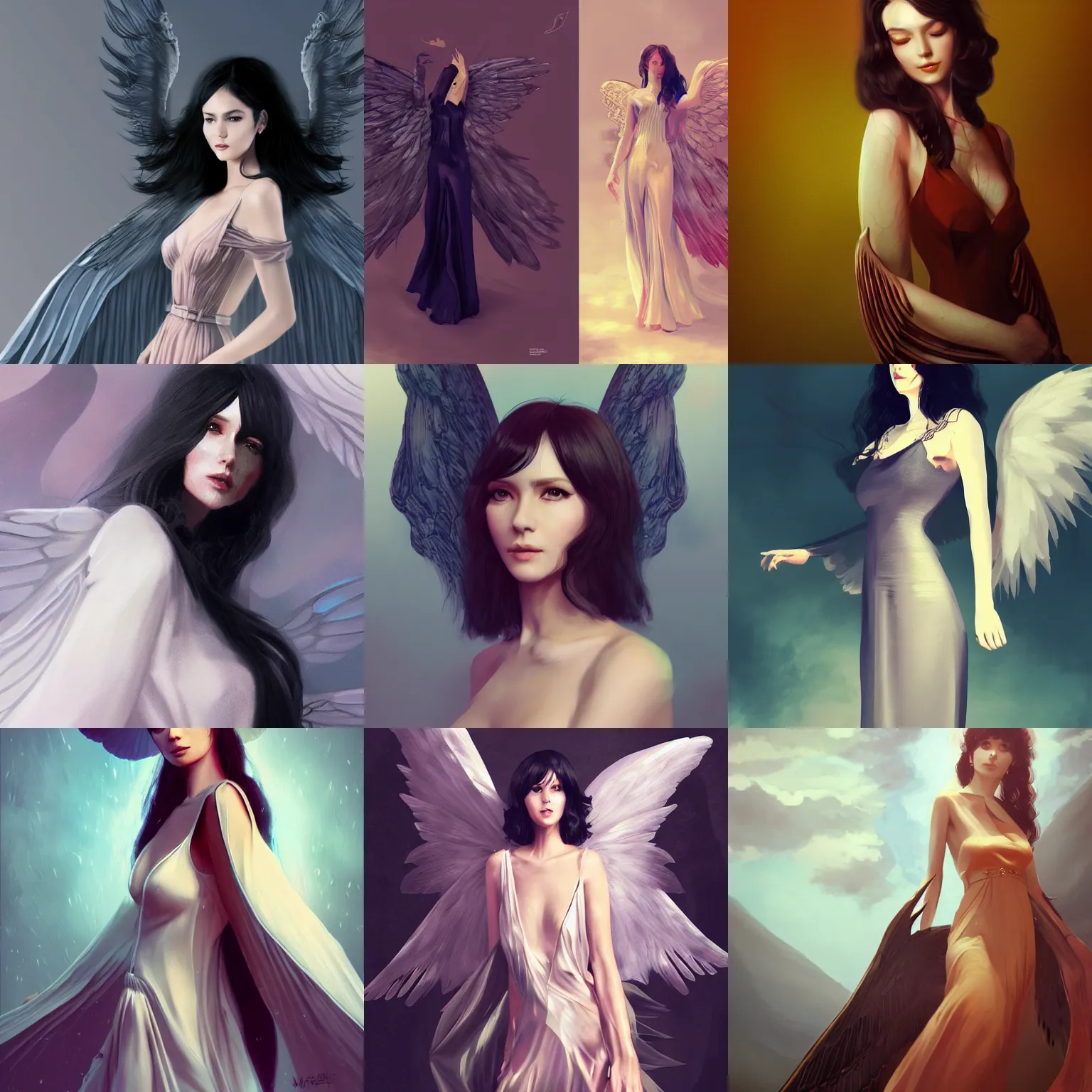 Prompt: 70s beautiful woman with huge wings, portrait, wearing a silk dress, long black hair, character concept art by WLOP, artstation, 4K