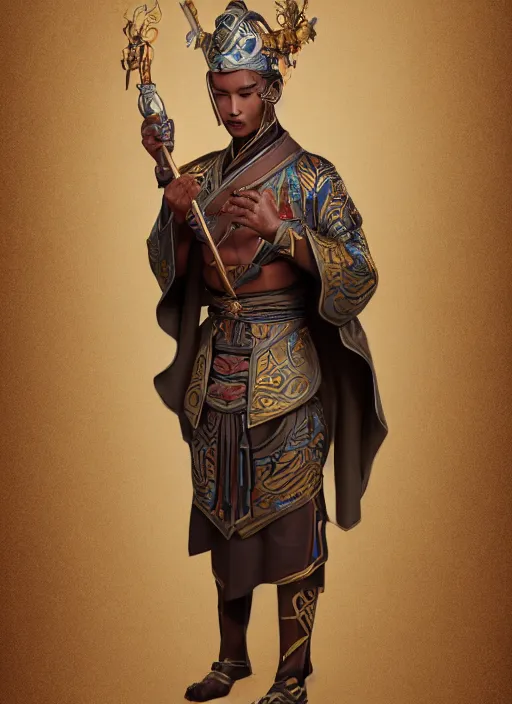 Image similar to full body portrait of a male pathfinder shabti daoshi with metallic skin wearing a daopao by wlop, wuxia, xianxia, pathfinder shabti race, shabti, taoist priest, taoist master, taoist robe, detailed, realistic, anatomically accurate, fantasy illustration, artstation, wlop, 4 k.