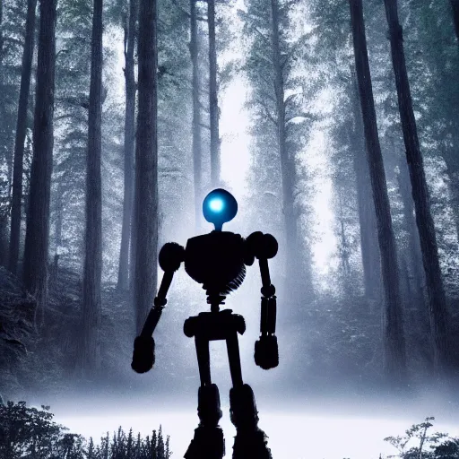 Image similar to ultra realistic and intricate detailed photograph of iron giant in forest from the movie, pixar, iron, giant, technology, innovation, bright modern style, artstation, unreal render, depth of field, ambient lighting, award winning, stunning