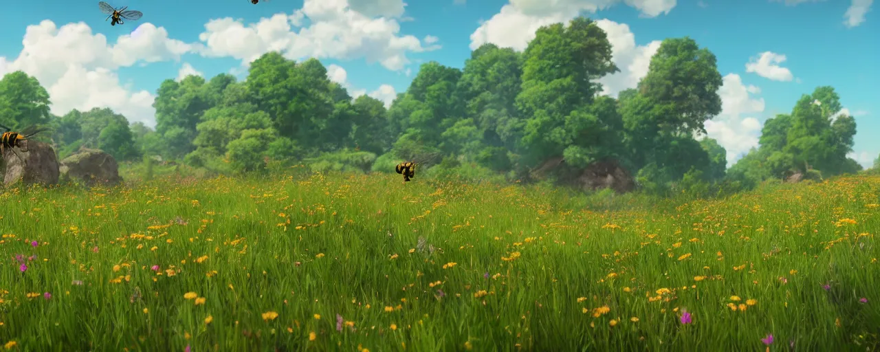 Prompt: a beautiful meadow landscape with large detailed bees flying, flowers, happy trees, photorealistic, octane render, rtx, hdr, unreal engine, digital art widescreen 8 k in the style of studio ghibli and bob ross