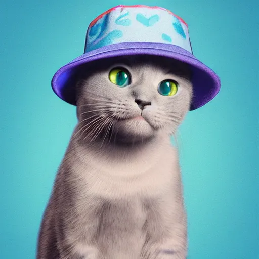 Prompt: a blue kitten wearing a bucket hat. pixar.