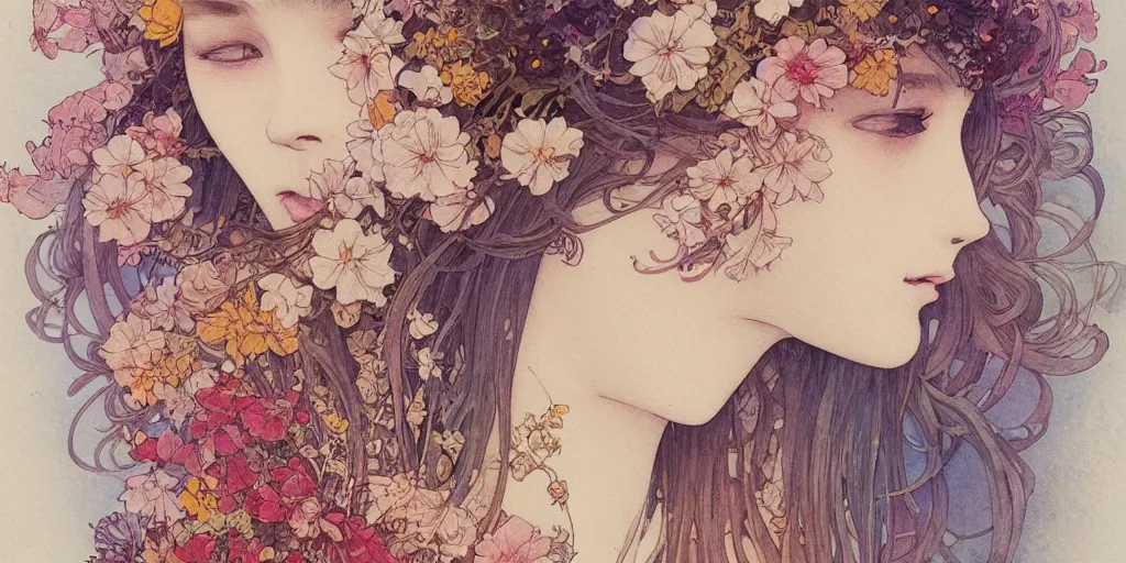 Prompt: a beautiful intricate watercolor illustration of a girl with flowers,, 4 k, ultra - wide angle, by william turner, by victo ngai, by alphonse mucha, by miho hirano, by moebius, by edmund dulac, hd, trending on artstation, hyper detailed, muted intense colors