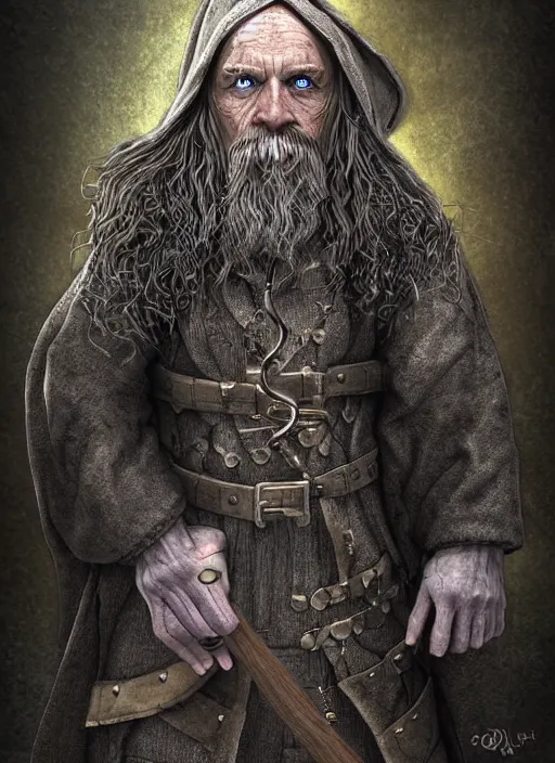 Image similar to highly detailed, hyper realistic wizard with a dungeon background by dakota cates