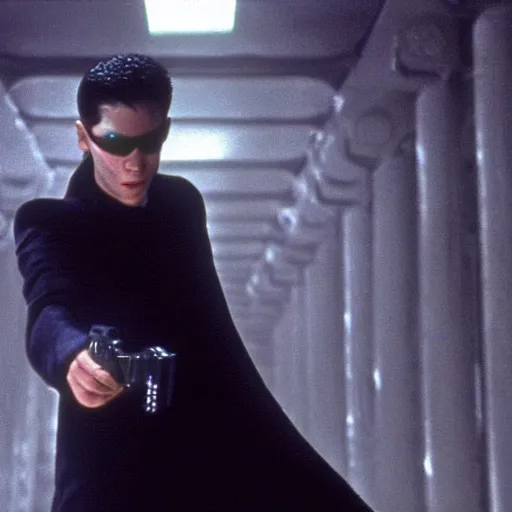 Image similar to a film still of gerard depardieux playing neo in matrix ( 1 9 9 9 ), 4 k, highly detailed, anamorphic