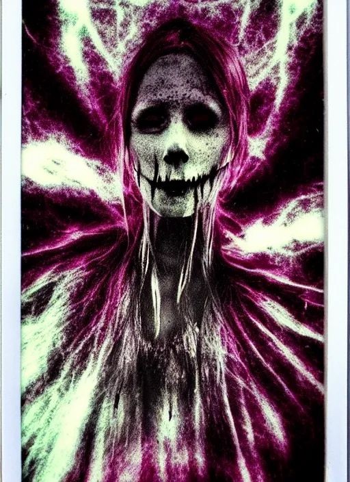 Prompt: gothic soul - spirit with galaxy dead eyes, random decor of necro blast, psycho colors veins, realistic flavor, twisted sorrow fade soft, polaroid 7