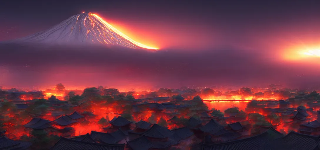 Image similar to view of an ancient japanese city at night, erupting volcanoes in the background, dramatic clouds, glowing fog, dramatic lighting, ultra detailed, sharp, ambient occlusion, raytracing, by greg rutowski, paul chadeisson and jessica rossier