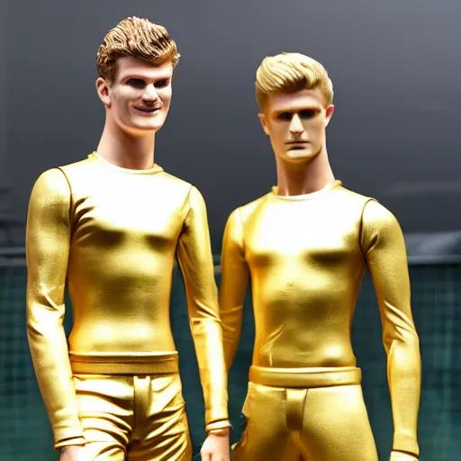 Image similar to a realistic detailed photo of a guy who is an attractive humanoid who is half robot and half humanoid, who is a male android, soccer players martin ødegaard & timo werner, shiny skin, posing like a statue, blank stare, by the pool, on display, showing off his muscles, gold soccer shorts, no jersey, statue, many copies of them