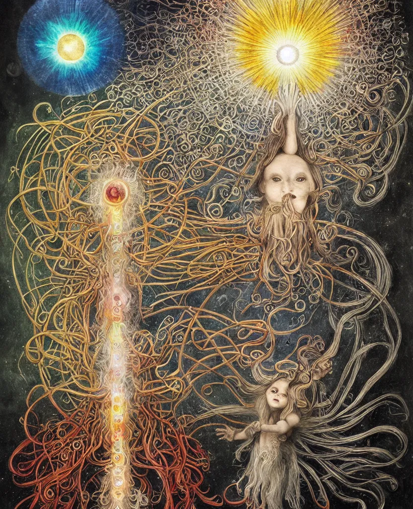Prompt: at bifrost, a whimsical wild child creature radiates a unique canto'as above so below'while being ignited by the spirit of haeckel and robert fludd, breakthrough is iminent, glory be to the magic within, in honor of jupiter's day, painted by ronny khalil