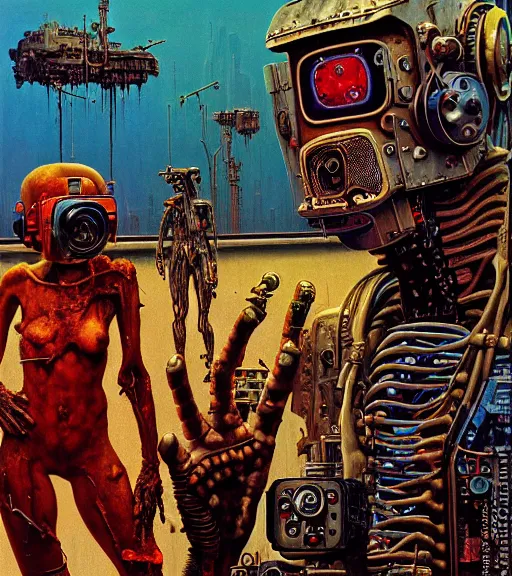 Prompt: junky women, cybertronic gadgets and vr helmet, flesh + technology, durty colours, night, rotten textures, rusty shapes, biotechnology, norman rockwell, tim hildebrandt, wayne barlow, bruce pennington, larry elmore, oil on canvas, deep depth field, masterpiece, cinematic composition, hyper - detailed, hd, hdr