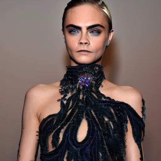 Image similar to Super model Cara delevingne wearing a gown made of flowing plasma ultra high quality extremely intricacies in the level of detail photorealism 8k very beautifully designed