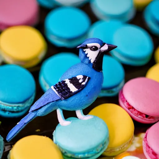 Image similar to A photograph of a (photorealistic blue jay) standing on a large basket of rainbow macarons.