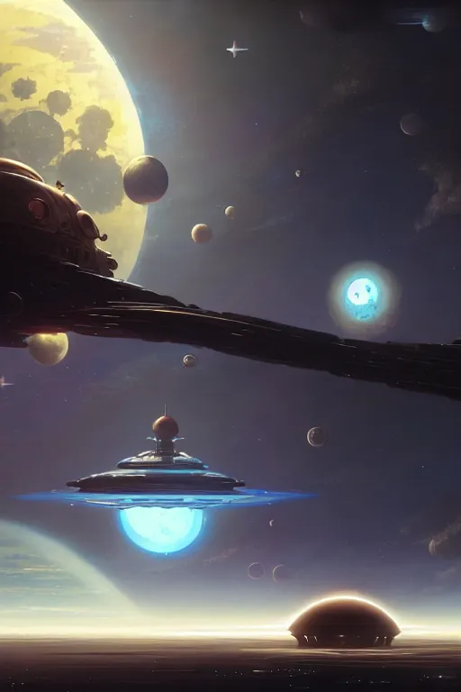 Image similar to steampunk spaceship infront of a planet, exquisite details, denoised, mid view, by karl kopinski, artsation, greg rutkowski, makoto shinkai, takashi takeuchi, studio ghibli