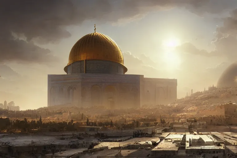 Prompt: jerusalem in the year 3 0 5 0, matte painting, long shot, concept art, wide shot, digital art, trending on artstation, 4 k, extremely detailed, realistic, midday, warm colors, golden sunlight, by greg rutkowski, cinematic, epic