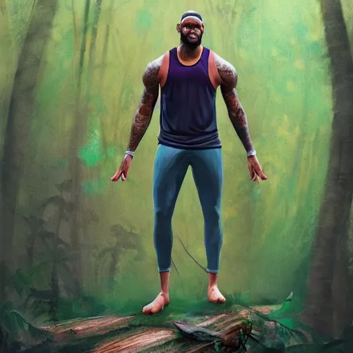 Prompt: lebron james doing yoga in the forest, made by stanley artgerm lau, wlop, rossdraws, artstation, cgsociety, concept art, cgsociety, octane render, trending on artstation, artstationhd, artstationhq, unreal engine, 4 k, 8 k