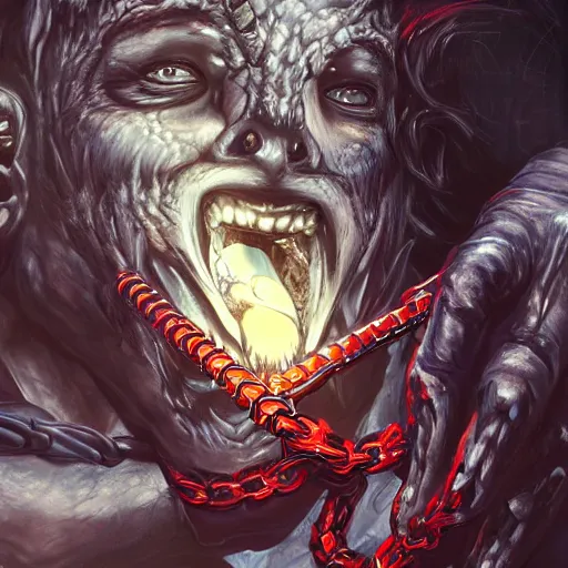 Image similar to lucifer, dark angel, hybrid human with snake, red eyes, chain, handcuffs, large chain, wide open mouth, scream, cruelty, sea bottom, light effect, highly detailed, artstation, concept art, matte, sharp focus, illustration, by dan mumford, yusuke murata, makoto shinkai, ross tran