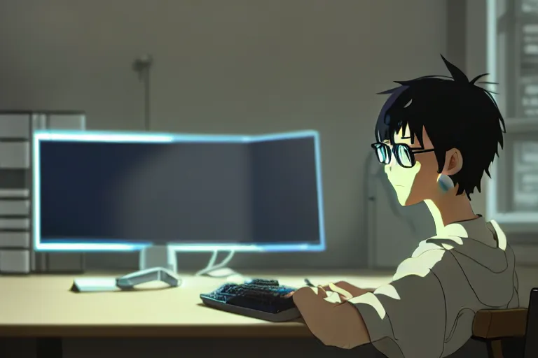 Anime Manga Style Illustration Of A Young Man Working At A Computer. Stock  Photo, Picture and Royalty Free Image. Image 206238393.