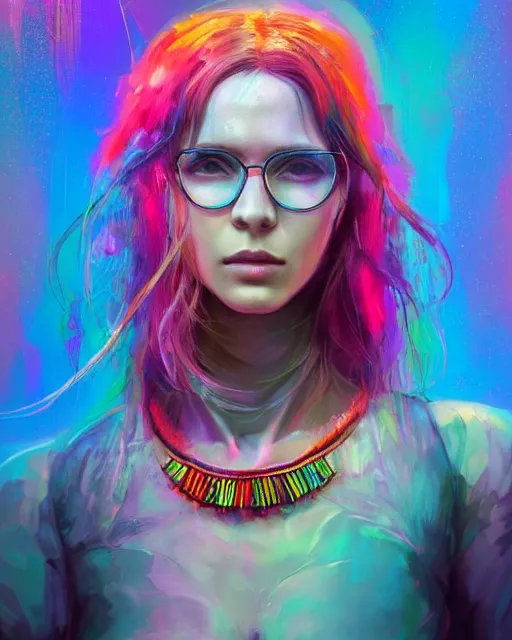 Image similar to colorful character portrait of a female hippie, set in the future 2 1 5 0 | highly detailed face | very intricate | symmetrical | professional model | cinematic lighting | award - winning | painted by mandy jurgens | pan futurism, dystopian, bold colors, cyberpunk, groovy vibe, anime aesthestic | featured on artstation