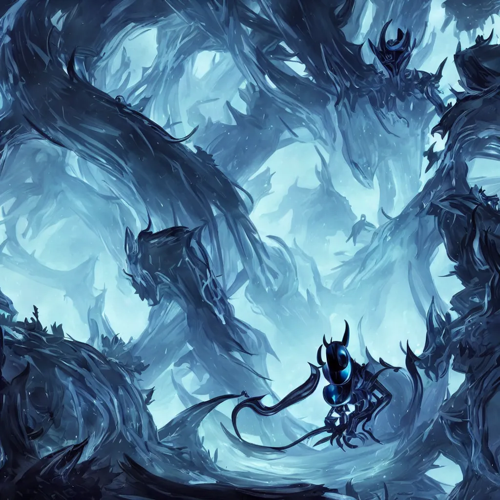 Image similar to concept art for hollow knight. Ominous. High detail. No text. Blue. Bright Colors. nightmare king grimm. Sharp. 4K 8K. Detailed shapes.