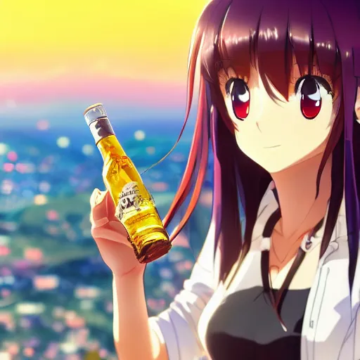Image similar to closeup of an Anime girl with an Aguardiente Cristal Booze bottle in her hand with the city of Armenia Quindio in the background, Artwork by Makoto Shinkai, official media, 8k, pixiv, high definition, wallpaper, hd, digital artwork