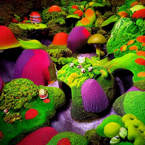 Image similar to a colorful fungus garden in a cave, birds eye view, Hiroo Isono, dark, foggy, cavern, beetles running through the moss, psychedelic, river running through it