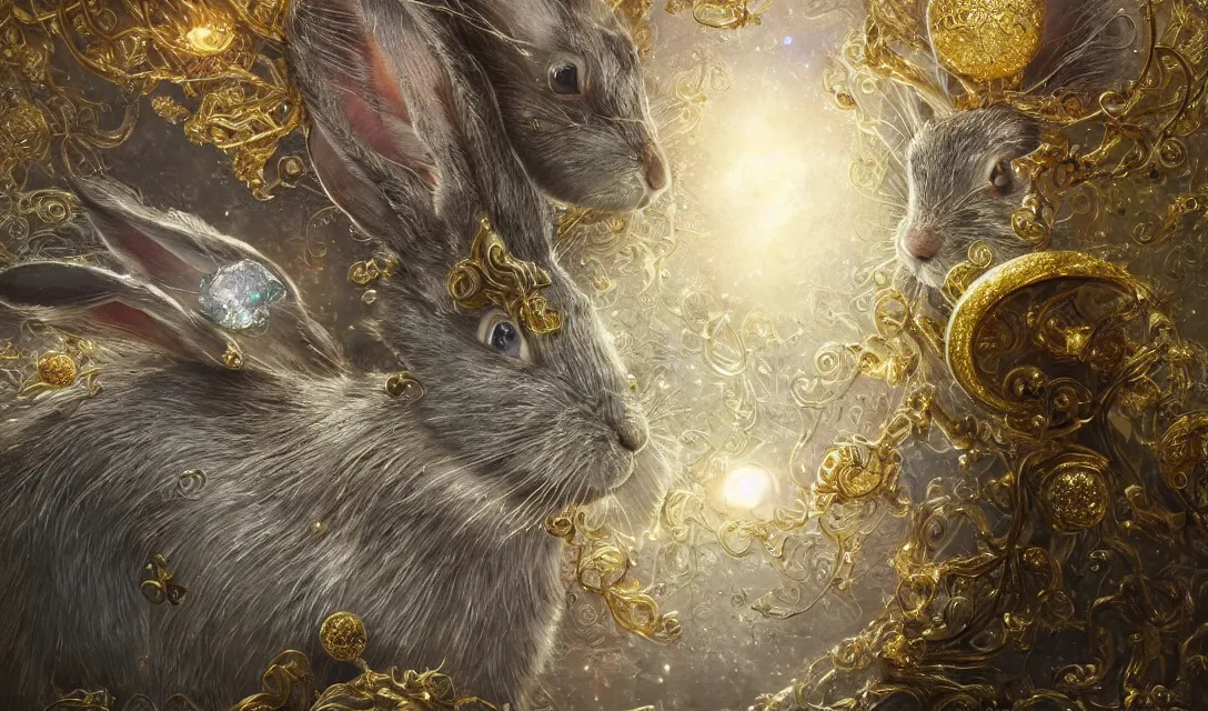 Prompt: best book cover design, glowing silver and golden elements, full close-up portrait of realistic rabbit with opals, book cover, emerald gem forest, white diamond moon, establishing shot, extremely high detail, photo-realistic, cinematic lighting, by Yoshitaka Amano, Ruan Jia, Kentaro Miura, Artgerm, post processed, concept art, artstation, matte painting, style by eddie mendoza, raphael lacoste, alex ross