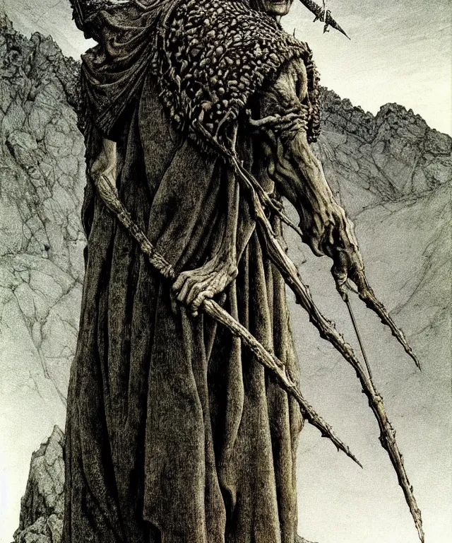 Image similar to A detailed horned crocodileman stands among the hills. Wearing a ripped mantle, robe. Perfect faces, extremely high details, realistic, fantasy art, solo, masterpiece, art by Zdzisław Beksiński, Arthur Rackham, Dariusz Zawadzki