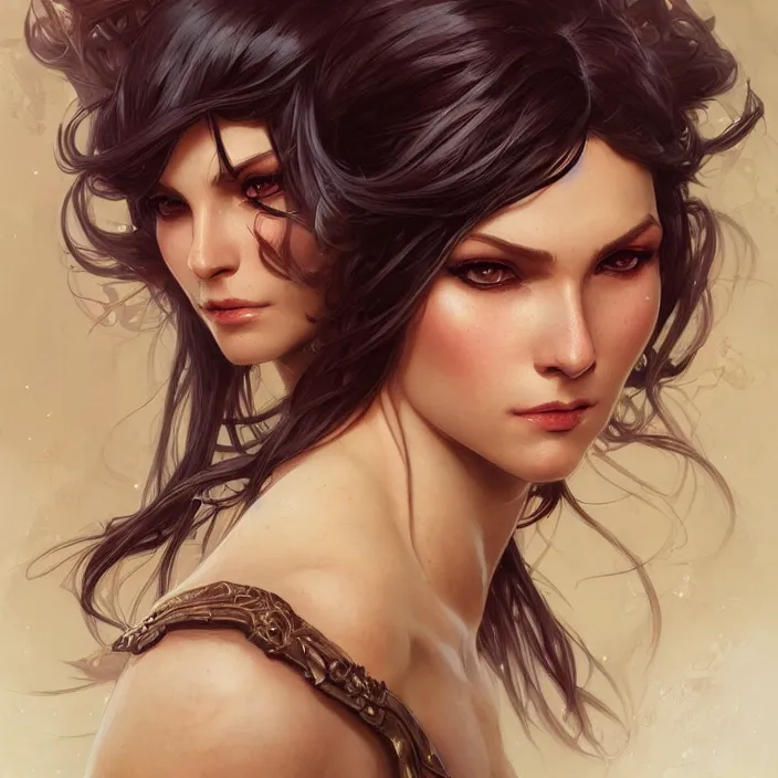 Image similar to portrait of a hot woman, D&D, fantasy, highly detailed, digital painting, artstation, smooth, sharp focus, illustration, art by artgerm and greg rutkowski and alphonse mucha