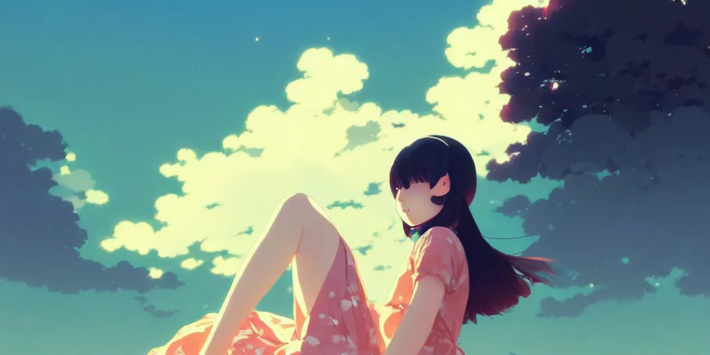 Image similar to portrait of a smiling girl by ilya kuvshinov, cloudy sky background lush landscape ln illustration concept art anime key visual trending pixiv by victo ngai fanbox by greg rutkowski makoto shinkai takashi takeuchi studio ghibli