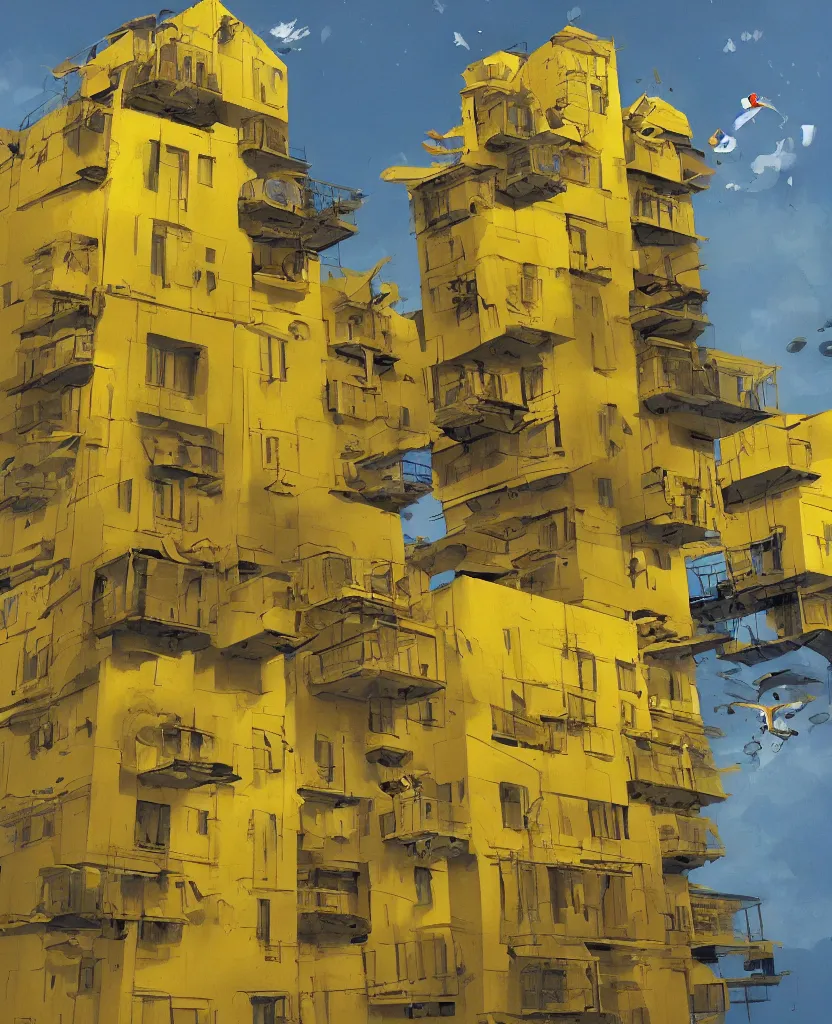 Image similar to a painting of a yellow building floating in the air, concept art by kamal ud - din behzad, artstation, maximalism, official art, concept art, 2 d game art