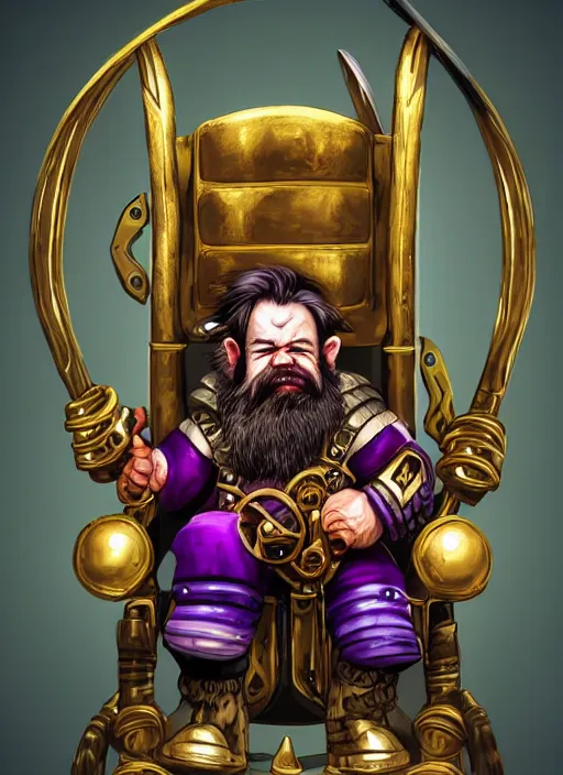 Image similar to dwarf fighter sitting in mechanical chair that has spider legs, gold and purple, exquisite details, black beard, white background, by studio muti