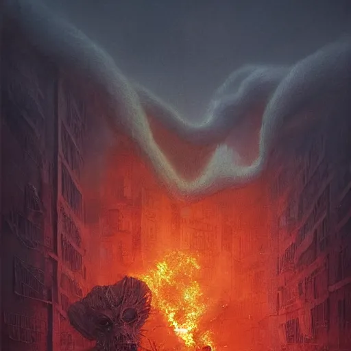 Image similar to unknown creature destroys building in flames, highly detailed, digital image, artstation concept art, smooth, sharp focus, artgerm, alphonse fly, photorealistic by beksinski