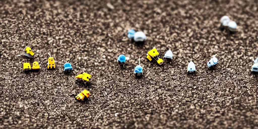 Image similar to macro photography of amazing tiny adorable nanobots in a kung fun battle in a macro ghost town