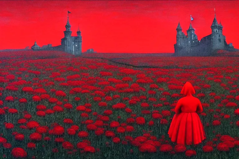 Image similar to only with red, red flowers of different types, red castle in background, red medieval big fat goblins, in the style of beksinski, parts by edward hopper, parts by rodcenko, parts by yue minjun, intricate and epic composition, red by caravaggio, insanely quality, highly detailed, masterpiece, red light, artstation, 4 k