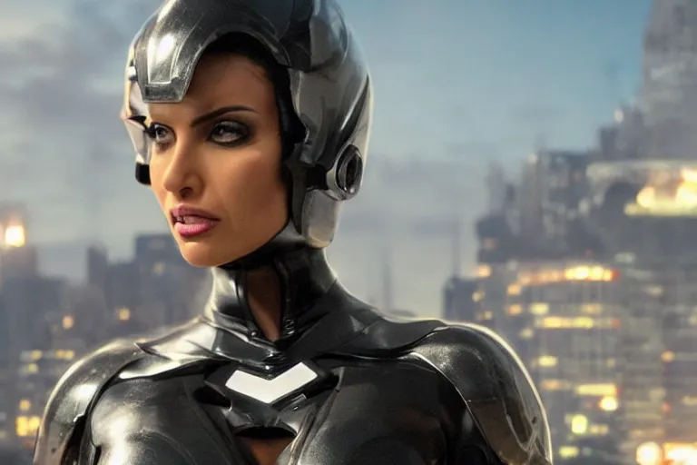 Image similar to VFX movie closeup of a gorgeous futuristic Denise Milani in black spandex armor in future city, hero pose, beautiful skin, natural city night lighting by Emmanuel Lubezki