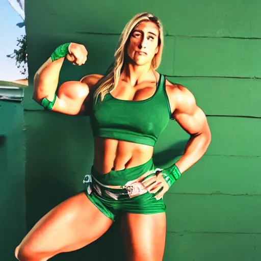 Image similar to Rhea Ripley as She Hulk, cinematic, realistic, detailed, portrait, green skin